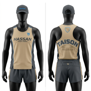 Men <b>Running</b> <b>Singlet</b> Uniform Premium Polyester Interlock Beige Grey Blue Contrast Side Panels Sublimation Logo <b>Running</b> Uniform - Product Image 1