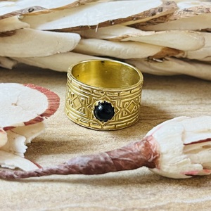 Premium <b>Silver</b> Eye Geometric Design Black Onyx <b>Ring</b> Gold Plated Vintage Style Wide Band Statement Tribal Look Certified <b>Ring</b> - Product Image 1