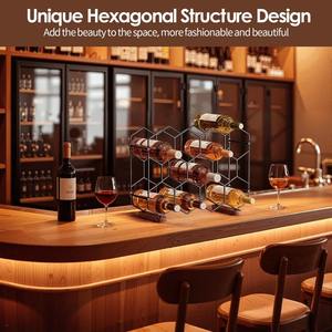 Porte-bouteilles à vin de table moderne en métal noir géométrique pour 6 bouteilles avec base en bois, style nid d'abeille industriel, support en fil métallique - Product Image 6