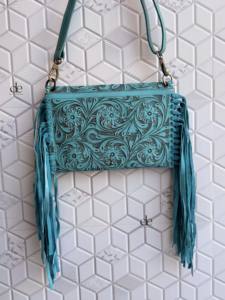 Nouveau concepteur usiné à la main frange sac à main en cuir véritable à la main sculpture outillage couleur Turquoise sac à bandoulière sacs élégants occidentaux - Product Image 3