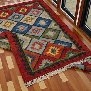 Tapis Kilim en Laine Fait Main Moderne, Motif Abstrait Palmier Tropical Rose et Vert Sarcelle, Tapis Traditionnel à Motifs Géométriques et Tribaux en Diamant - Product Image 2