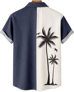 Camisa de Manga Corta con Estampado de Palmeras en Azul Marino y Beige, Estilo Casual para Playa, Verano, para Hombre, Fabricante OEM, Suministro Personalizado - Product Image 2
