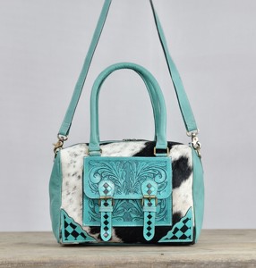 2026 New Luxury Turquoise Genuine Leather <b>Duffel</b> <b>Bag</b> With Cowhide Pattern And Florals Tooling Design Double Handle Carry Handbag - Product Image 1