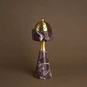 Porta Incienso de Mármol Rojo Oscuro con Base Cónica, Sección Cilíndrica, Tapa de Cúpula Perforada, Diseño Redondeado, Pieza Ornamental - Product Image 3