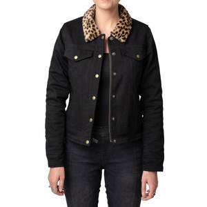 Veste en jean noire d'hiver pour femme avec col en fausse fourrure et fourrure de léopard, tricotée en coton - Product Image 1
