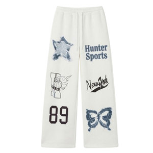 Hunter Sports <b>Women's</b> <b>White</b> Wide Leg Sweatpants Embroidered Logo Plus Size Loose Fit High Waist Fleece <b>Joggers</b> - Product Image 1