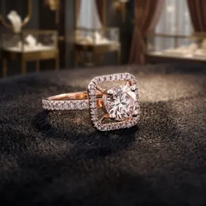 แหวนทอง 14KT ประดับเพชรทรงกลมเพาะเลี้ยงในห้องปฏิบัติการแบบ Halo |   แหวนหมั้นทรงสี่เหลี่ยมประดับเพชร |   เครื่องประดับทองคำแท้สุดหรู - Product Image 5