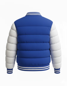 <b>Men</b>’s Royal Blue & <b>White</b> Varsity Puffer <b>Jacket</b> Winter Quilted Bomber Coat Snap Button Streetwear Custom Logo - Product Image 4