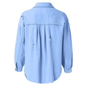 Chaqueta vaquera morada con cuentas tejidas transpirables crudas de gran tamaño rasgadas a la moda para mujer, chaqueta vaquera informal desgastada, abrigo - Product Image 4