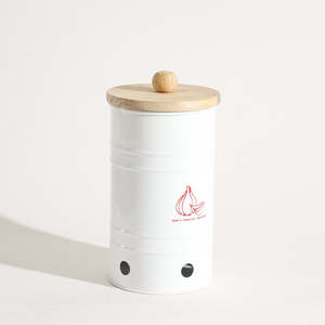 Conteneur de rangement cylindrique en métal blanc avec couvercle en bois pour la conservation des aliments frais dans la cuisine, design minimaliste - Product Image 3
