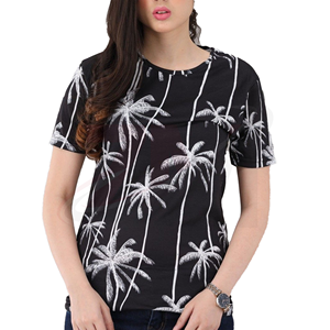 เสื้อยืดแขนสั้นคอกลมพิมพ์ลายต้นปาล์มสีขาวดำสำหรับผู้หญิงสไตล์ลำลองสวมใส่ได้ในฤดูใบไม้ผลิฤดูร้อน - Product Image 4