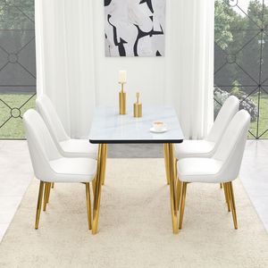 Set di Tavolo e Sedie con Piano in Vetro Effetto Marmo Bianco e Base in MDF, Gambe in Metallo Argento - Product Image 4