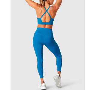 Conjunto de Yoga para Mujer, Azul Sólido, Leggings sin Costuras de Cintura Alta, Top Corto Deportivo, 2 Piezas, Ropa Deportiva, Spandex y Poliéster - Product Image 6