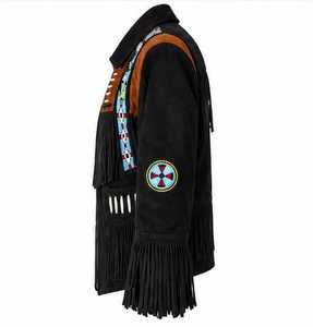 Men's Black <b>Jacket</b> With <b>Fringe</b> Embroidery Zipper Closure Turn-down Collar Regular Sleeve Vintage Style - Product Image 3