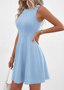 Vestido de punto mini transpirable con cuello redondo, sin mangas, corte A, ajustado, casual, para vacaciones, primavera, verano, trabajo o fiesta - Product Image 6