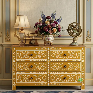Cómoda de Madera Hecha a Mano con 4 Cajones, Diseño Floral Tradicional, Mueble de Dormitorio Antiguo, Patrón Naranja y Blanco - Product Image 1