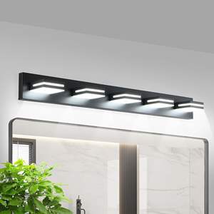 Applique murale de salle de bain moderne, élégante et minimaliste à 5 lumières LED, noire, avec miroir, installation facile et économe en énergie - Product Image 4
