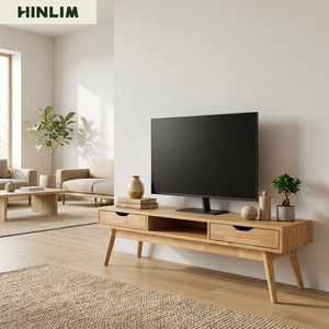 Modern Midcentury Wood <b>TV</b> <b>Stand</b> with 2 Drawers and Open Shelf for Living Room Furniture Natural Finish Fits 50-54" <b>TVs</b> - Product Image 3