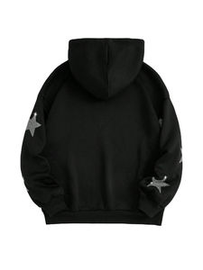 เสื้อฮู้ดผู้ชายสีดำทรงโอเวอร์ไซส์ ผ้าถักลายดาวประดับเพชร สไตล์ลำลองสำหรับฤดูใบไม้ร่วง แขนเสื้อปกติ ระบายอากาศได้ดี - Product Image 2