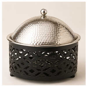 Marmite de luxe en acier inoxydable martelé avec support en treillis noir, chauffe-plat isolé pour traiteur de mariage et hôtel - Product Image 1