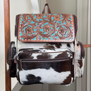 Nouvelle arrivée 2025 Floral grande capacité sac à dos en cuir de vachette repoussé à la main multi-fonction voyage sac à couches haute à la mode - Product Image 4