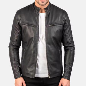 Men's Black Genuine Leather Biker <b>Jacket</b> Stand Collar Zipper Closure <b>Slim</b> <b>Fit</b> Moto Style Autumn Wear 100% Premium Quality - Product Image 4