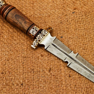 Handmade Damascus <b>Steel</b> Dagger Knife with Brown Wooden Handle Gold Decorative Guard Patterned Fixed Blade and Brown Leather - Product Image 6