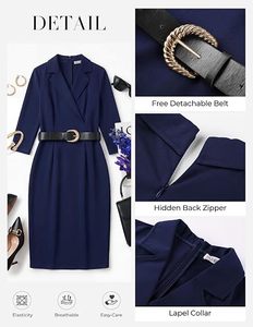 Robe de soirée élégante pour femme, coupe fourreau, en maille unie, col en V, manches 3/4, taille haute ajustée, longueur genou, style portefeuille - Product Image 3