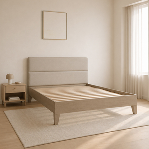 Fabricant OEM/ODM de meubles, lit plateforme en bois de chêne massif, tête de lit capitonnée, design minimaliste, design personnalisable, Vietnam - Product Image 1