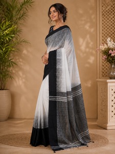 Sari en coton noir et blanc avec design réversible pour femmes, tenue de mariage traditionnelle, style Inde Pakistan Bollywood, sans plis - Product Image 2