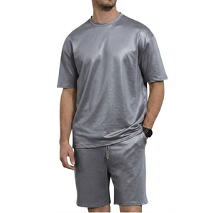 Customized Two Piece Short Set Men's 2 Piece Outfits Short Sleeve Crew Neck Summer <b>T</b> Shirt and Drawstring Casual <b>Track</b> Shorts - Product Image 1