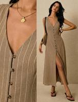 Robe midi sans manches à rayures verticales en tissu tissé marron pour femmes, boutonnée devant