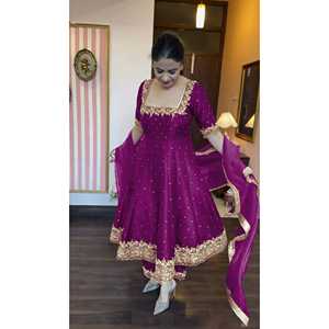 Pure Vichitra Silk Anarkali Gown Dupatta & Pant Plazzo Set para ropa de fiesta Talla 2XL - Product Image 6