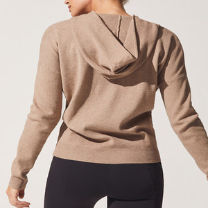 Pull en tricot à capuche beige pour femme, fermeture éclair, manches longues, décontracté, pour l'automne - Product Image 4