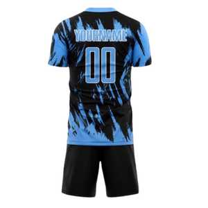 Ensemble de maillots de football personnalisés avec nom d'équipe imprimé par transfert thermique, noir et bleu, col rond, manches courtes, polyester respirant, uniformes - Product Image 3