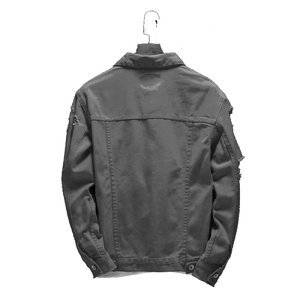 Veste en jean noire pour homme, col rabattu, décontractée, en coton délavé, coupe classique, effet usé et déchiré, style automne - Product Image 4