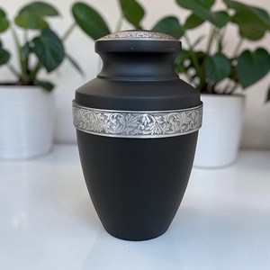 Black Aluminum Cremation Urn with Engraved Silver Band | Elegant <b>Memorial</b> <b>Keepsake</b> Urn - Product Image 2
