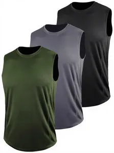 เสื้อกล้ามผู้ชายสีพื้น คอกลม แห้งเร็ว ผ้าถักโพลีเอสเตอร์ สำหรับใส่ลำลอง ออกกำลังกาย ฟิตเนส สีเขียว เทา ดำ - Product Image 3