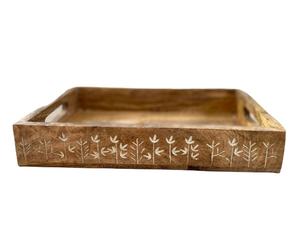 Plateau de service rectangulaire en bois de manguier de style vintage avec poignées, bordure florale sculptée rustique, plateau à café pour le petit-déjeuner en bois - Product Image 1