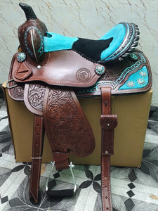 OEM <b>EQUESTRIAN</b> HORSE SINGLE BARREL TRAIL LEATHER WESTERN SADDLE HAND TOOLED TURQUOISE SUEDE SEAT WITH HEADSTALL BREASTPLATE SET - Product Image 1