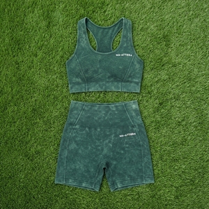Women Dark <b>Green</b> Acid Wash Yoga <b>Set</b> Sports Bra High Waist Biker Shorts <b>Gym</b> Fitness Workout Activewear - Product Image 6
