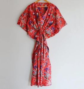 Floral Print V-Neck Maxi Dress Loose Boho <b>Summer</b> Casual <b>Kaftan</b> Short Sleeve Red Woven Polyester Dress - Product Image 3