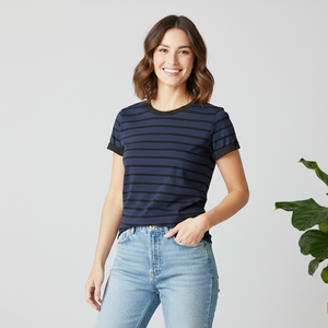 Chemise bleu marine avec doublure noire à motifs pour femmes, tissu de qualité supérieure, t-shirts à manches courtes pour femmes - Product Image 1