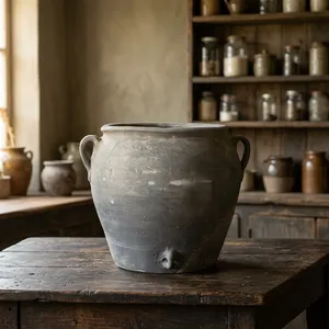 Pot en terre cuite gris rustique fait main, pot à plantes en argile, décoration vintage pour la maison de style ferme, récipient au caractère traditionnel - Product Image 5