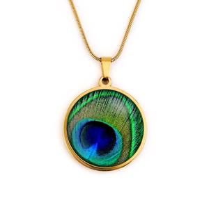 Collier Plumes de Paon Or Argent Pendentif Vert Bleu Vintage Fiançailles Certifié par un tiers Fait main Cadeau Mode Vente en gros - Product Image 3
