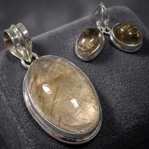 925 Sterling Silver Rutilated Quartz Jewelry Set Oval Pendant Earrings Golden Rutile Gemstone Bezel Setting Women's Jewelry Sets - Product Image 4