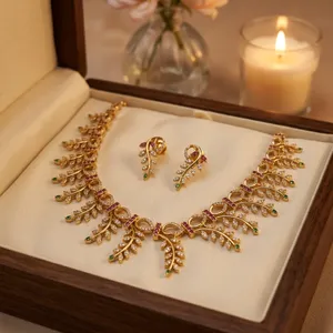 Parure de collier ethnique plaqué or avec rubis, diamants taille marquise et motif floral – Bijou de déclaration pour femme, idéal pour mariage - Product Image 3