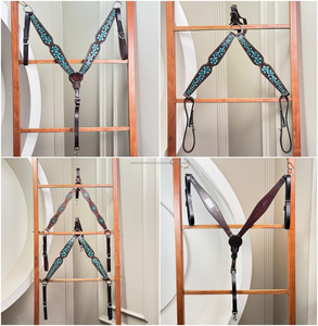 Tachuela de caballo de cuero con cuentas florales turquesa para cuello de pecho occidental hecha a mano para montar en senderos, estilo de carreras y Rodeo - Product Image 2