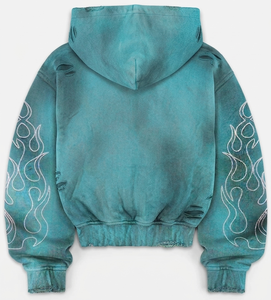 Sweat à capuche zippé unisexe en molleton épais, coupe oversize, délavé à l'acide et effet soleil, avec impression sérigraphiée personnalisée et strass, pour l'hiver et le streetwear - Product Image 2