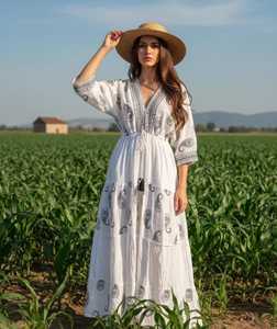 Vestido Largo de Verano para Mujer, Estilo Casual, con Estampado, Cuello en V, Manga Corta, Corte Ajustado, Cintura Alta, al Mejor Precio - Product Image 5